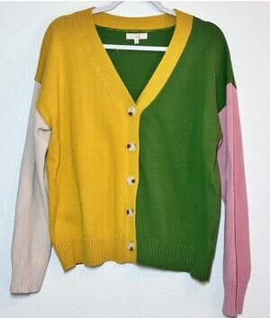 Easel Color Block Cotton Button Front Oversized Med. Cardigan Sweater Excellent